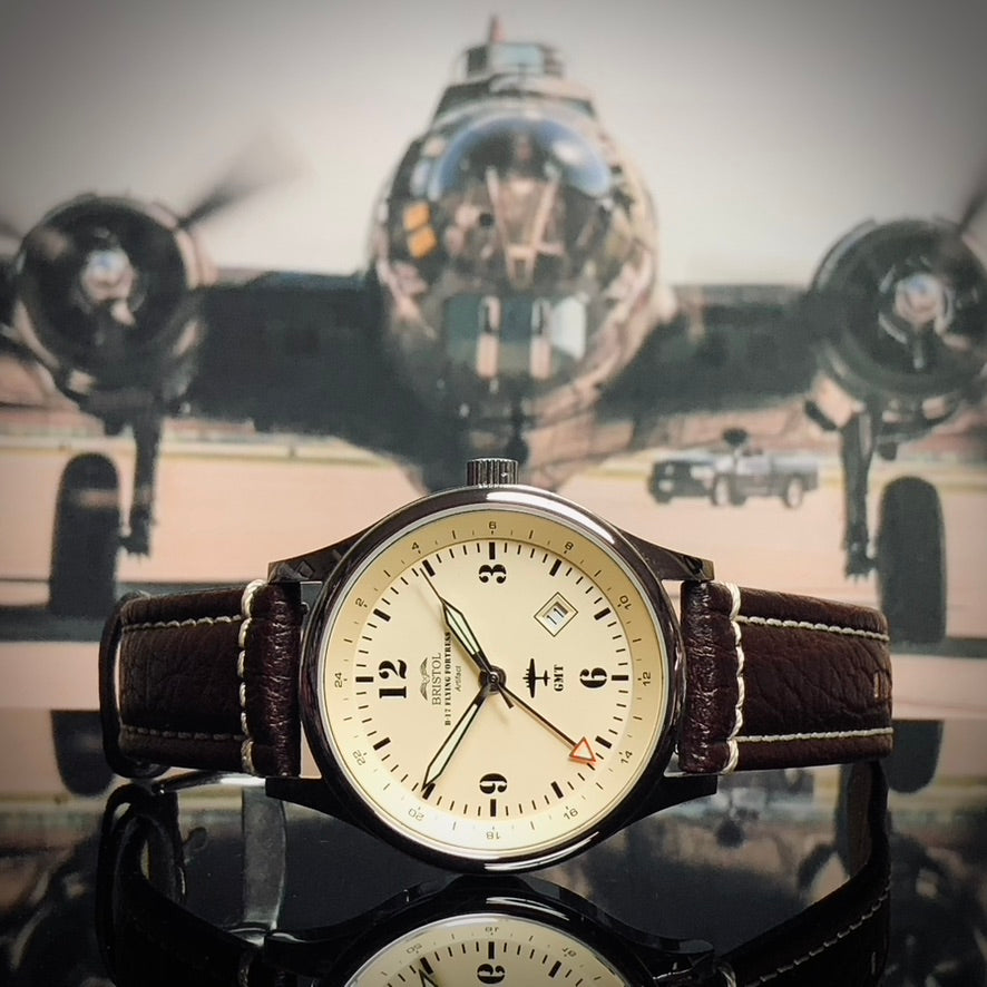 B-17 Tribute - Polished Finish, Beige Dial, Stainless Steel, Brown Leather Band with Stitching by Bristol Aviator Watches
