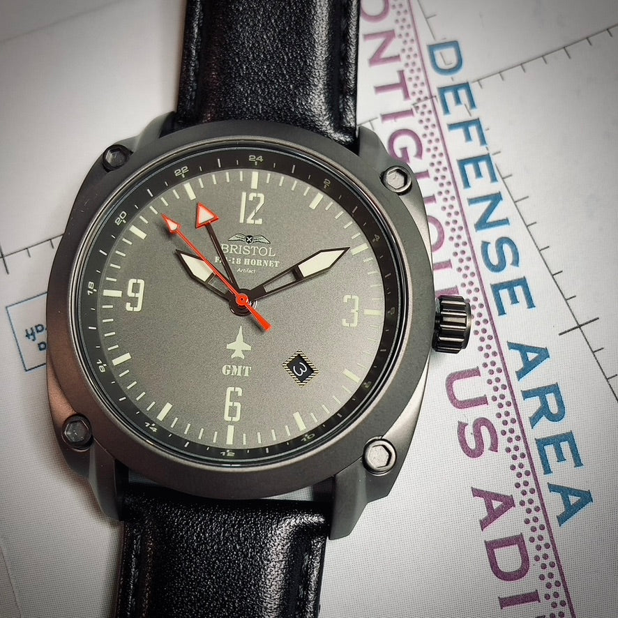 F-18 Hornet Tribute - Gun Metal Finish, Gray Dial, Black Leather Band by Bristol Aviator Watches