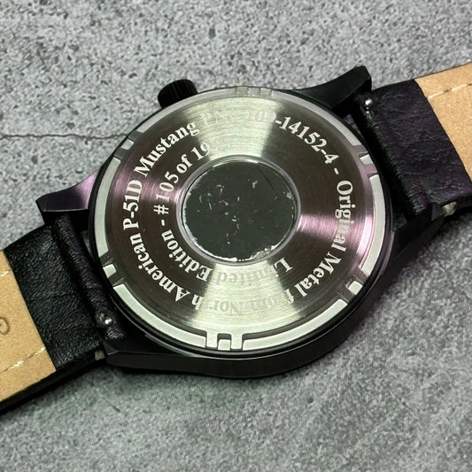 P-51 Mustang Tribute - Stainless Steel, Black Finish, Black Leather Band by Bristol Aviator Watches