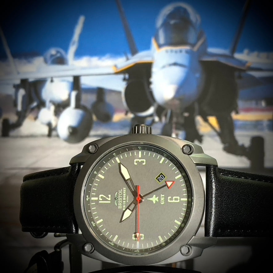 F-18 Hornet Tribute - Gun Metal Finish, Gray Dial, Black Leather Band by Bristol Aviator Watches
