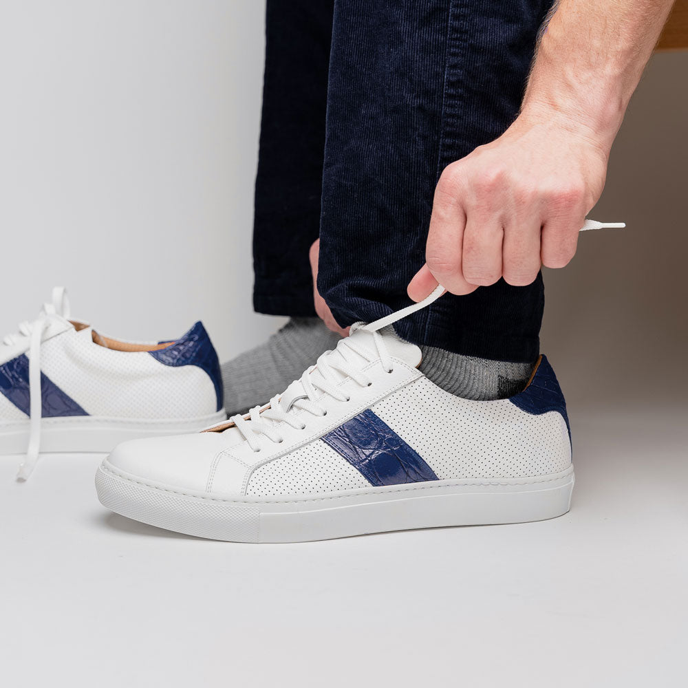 Olympias Navy Italian Calfskin Crocodile Stripe Shoes