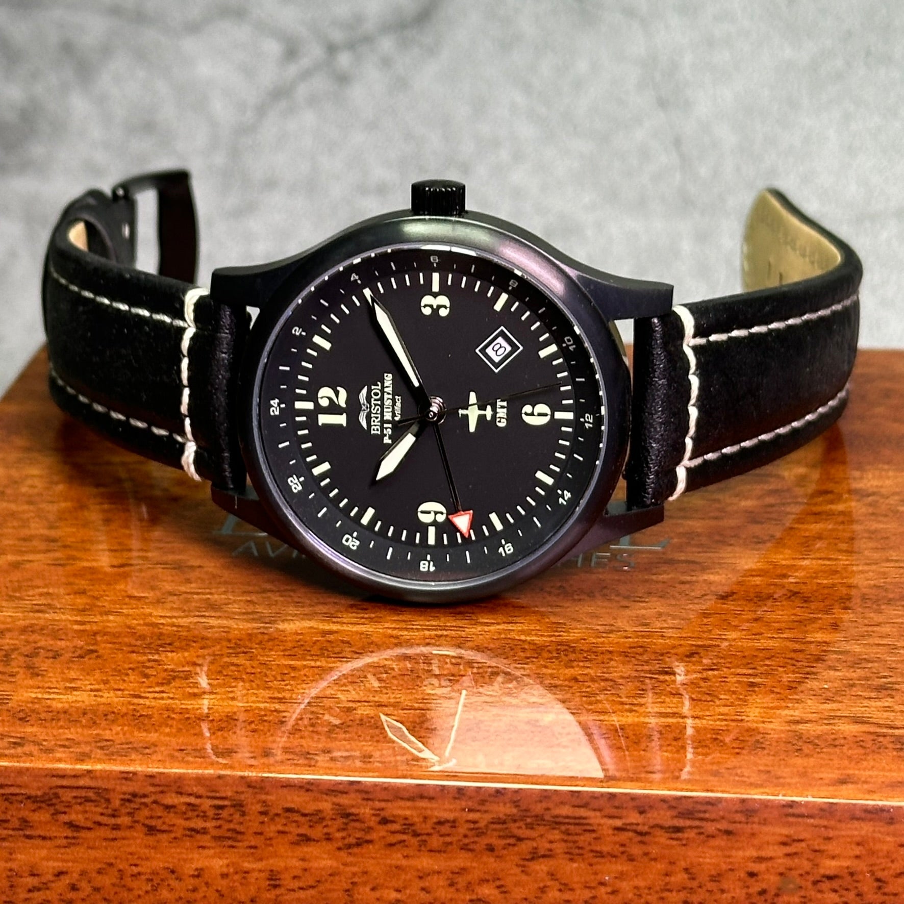 P-51 Mustang Tribute - Stainless Steel, Black Finish, Black Leather Band by Bristol Aviator Watches