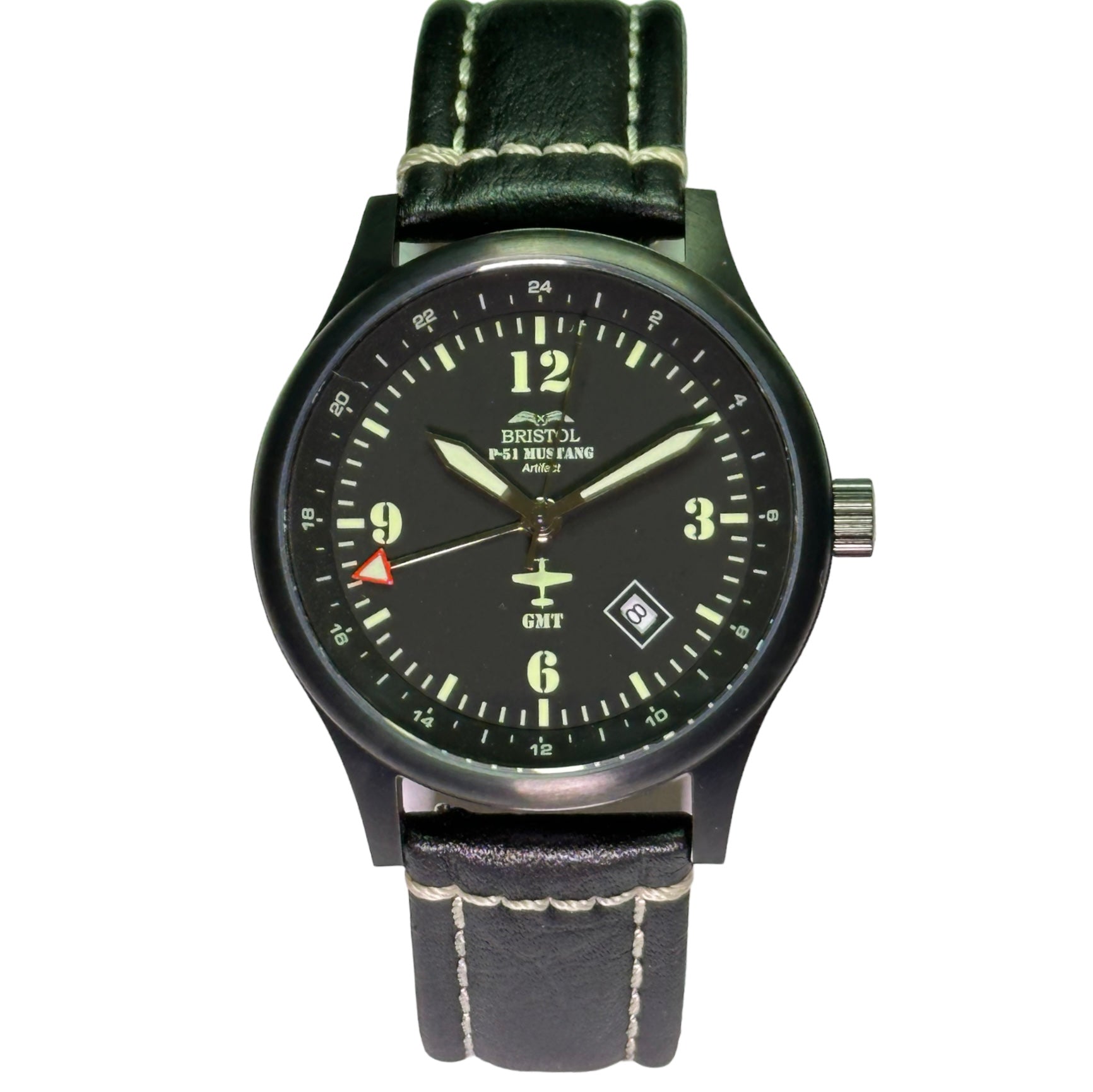 P-51 Mustang Tribute - Stainless Steel, Black Finish, Black Leather Band by Bristol Aviator Watches