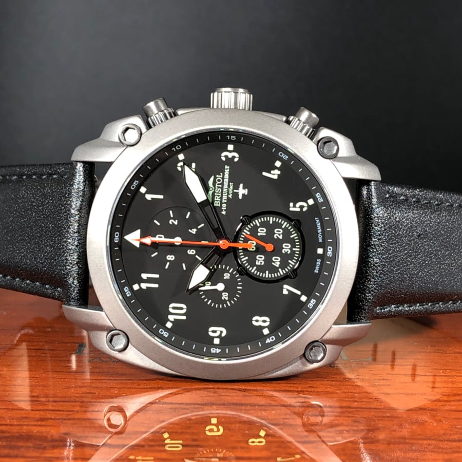A-10 Thunderbolt Tribute - Gunmetal Finish, Leather Band by Bristol Aviator Watches