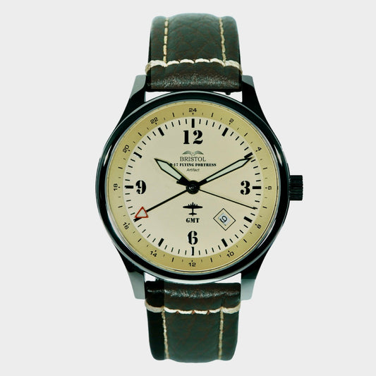 B-17 Tribute - Polished Finish, Beige Dial, Stainless Steel, Brown Leather Band with Stitching by Bristol Aviator Watches