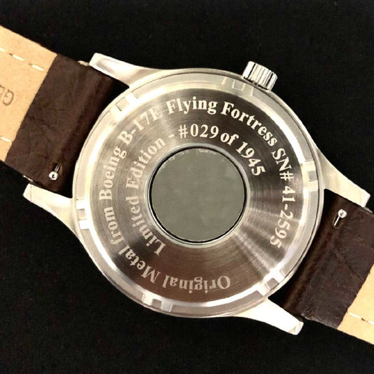 B-17 Tribute - Stainless Brush Finish, Dark Green Dial, Brown Leather Band with Stitching by Bristol Aviator Watches