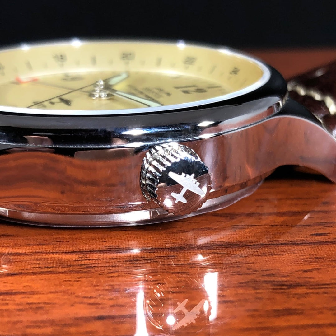 B-17 Tribute - Polished Finish, Beige Dial, Stainless Steel, Brown Leather Band with Stitching by Bristol Aviator Watches