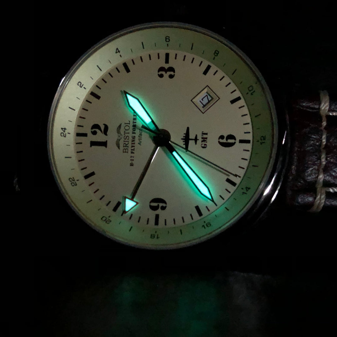 B-17 Tribute - Polished Finish, Beige Dial, Stainless Steel, Brown Leather Band with Stitching by Bristol Aviator Watches