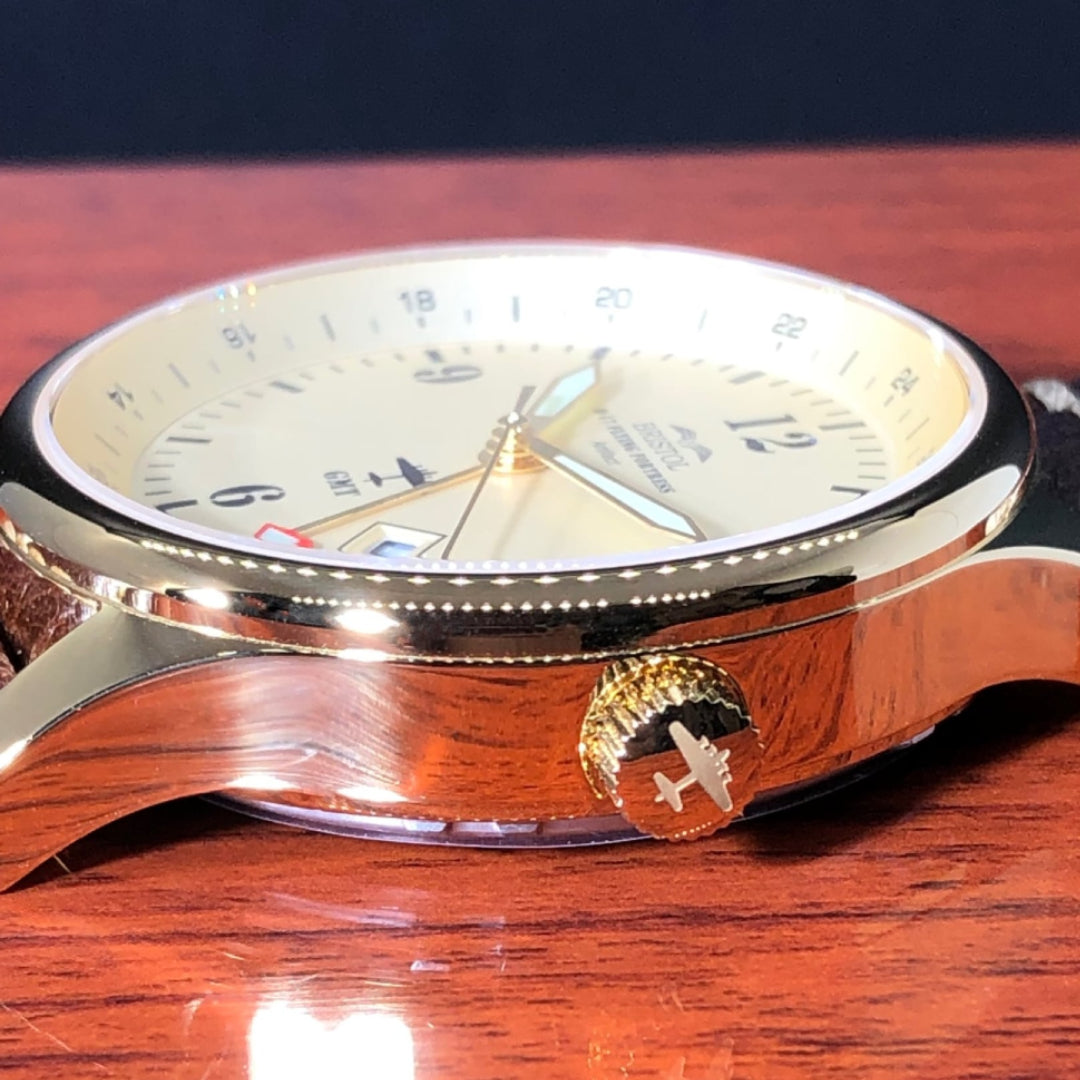 B-17 Tribute - Gold Finish, Beige Dial, Stainless Steel, Brown Leather Band with Stitching by Bristol Aviator Watches