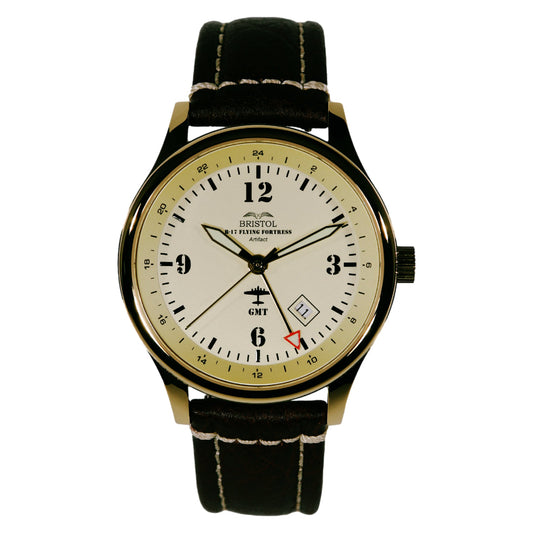 B-17 Tribute - Gold Finish, Beige Dial, Stainless Steel, Brown Leather Band with Stitching by Bristol Aviator Watches