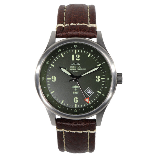 B-17 Tribute - Stainless Brush Finish, Dark Green Dial, Brown Leather Band with Stitching by Bristol Aviator Watches