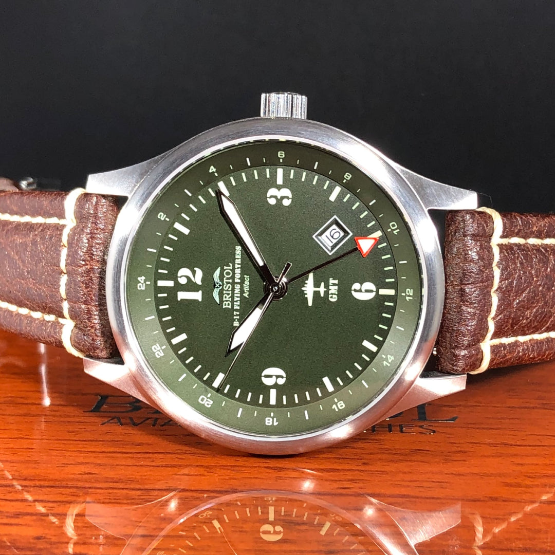B-17 Tribute - Stainless Brush Finish, Dark Green Dial, Brown Leather Band with Stitching by Bristol Aviator Watches