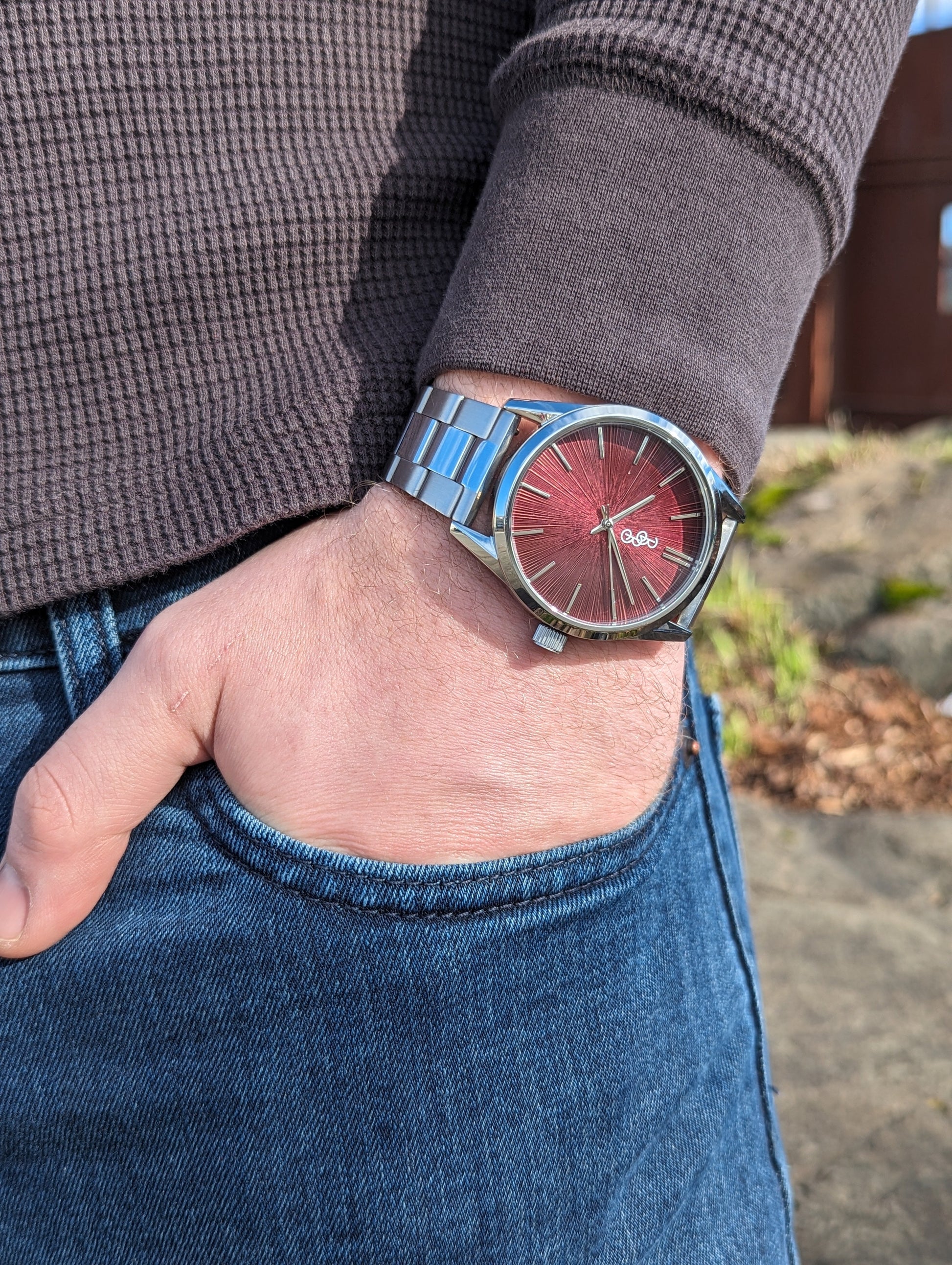 Burgundy Sunburst Watch by The Beyond Boring Watch Company