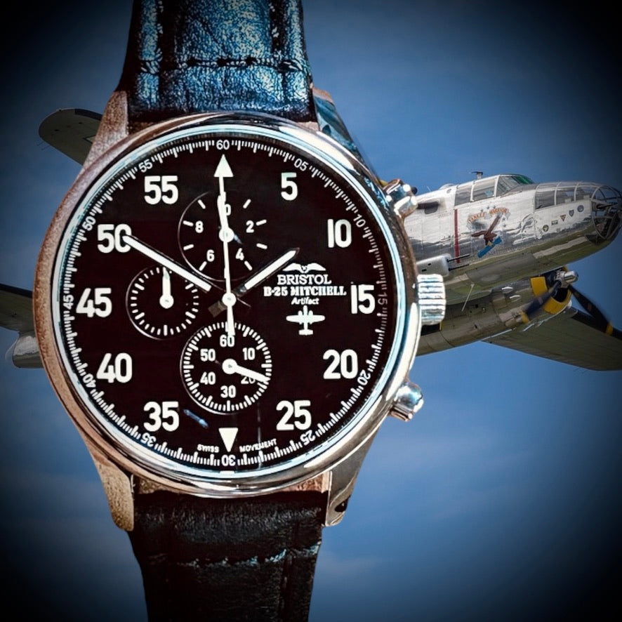 B-25 Mitchell Tribute - Stainless Steel, Polished Finish, Black Leather Band by Bristol Aviator Watches