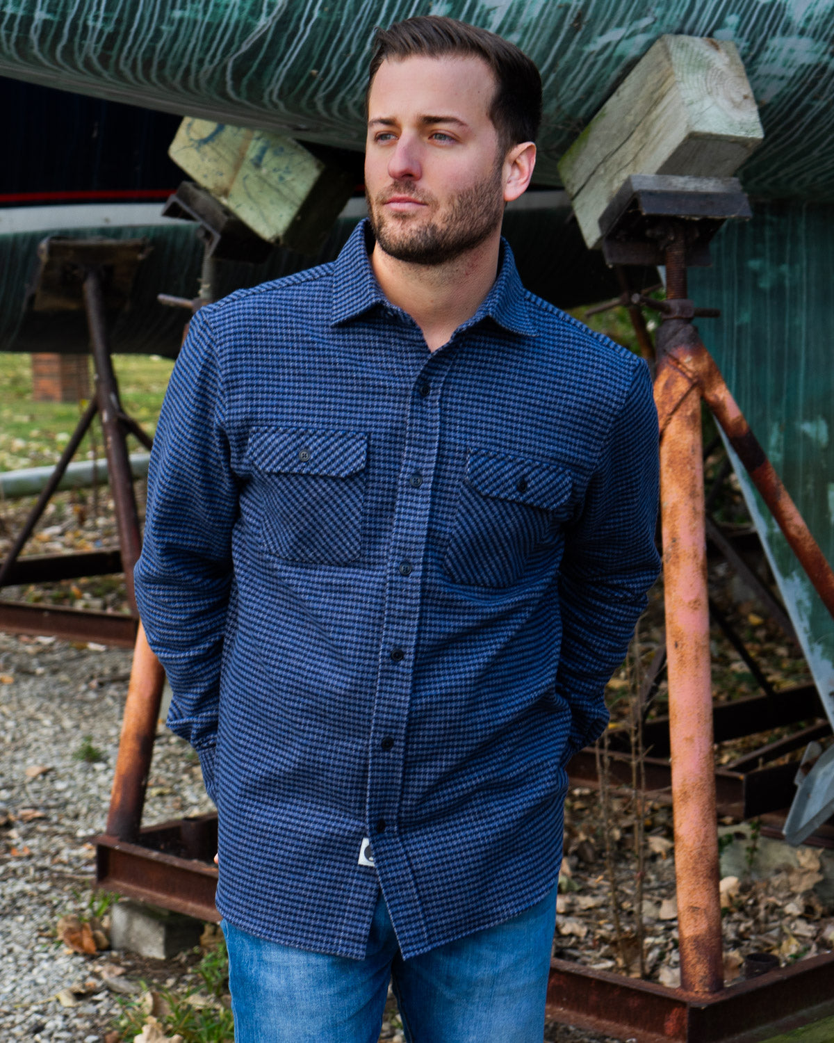 Grand Flannel Dark Blue Mini Check Heavyweight Cotton Shirt