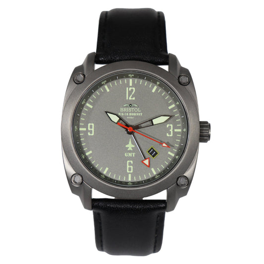 F-18 Hornet Tribute - Gun Metal Finish, Gray Dial, Black Leather Band by Bristol Aviator Watches