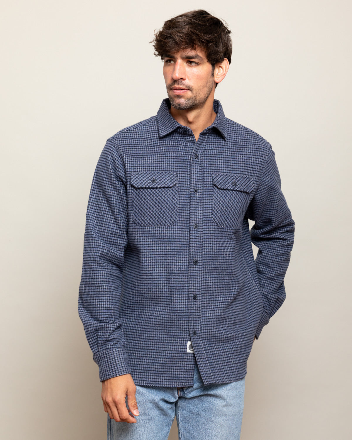 Grand Flannel Dark Blue Mini Check Heavyweight Cotton Shirt