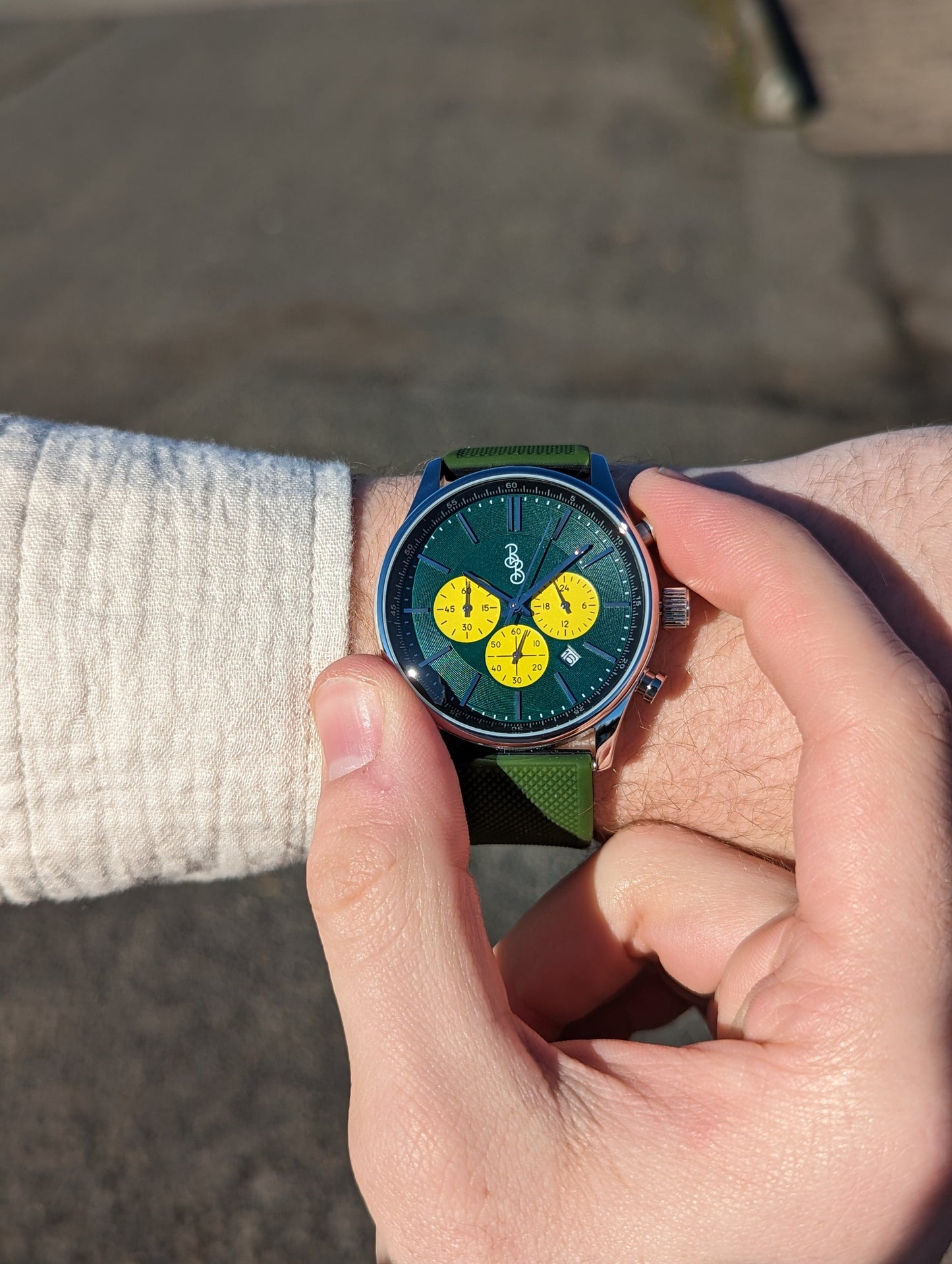 Green and Yellow Chronograph. The Beyond Boring Watch Co.