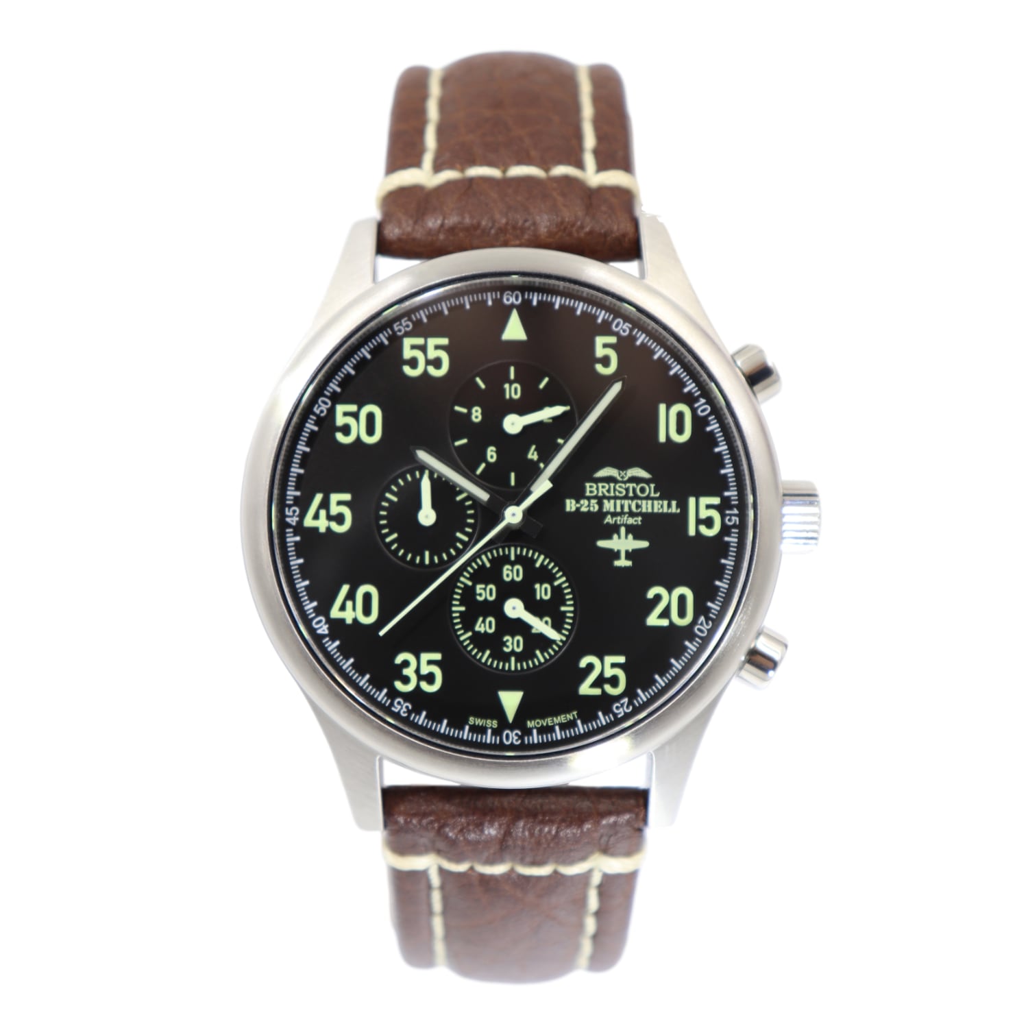 B-25 Mitchell Tribute - Stainless Steel, Brush Finish, Black Dial, Brown Leather Stitched Band by Bristol Aviator Watches