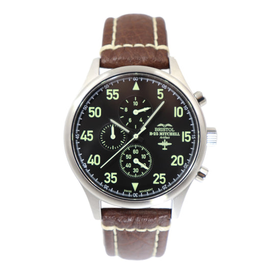 B-25 Mitchell Tribute - Stainless Steel, Brush Finish, Black Dial, Brown Leather Stitched Band by Bristol Aviator Watches
