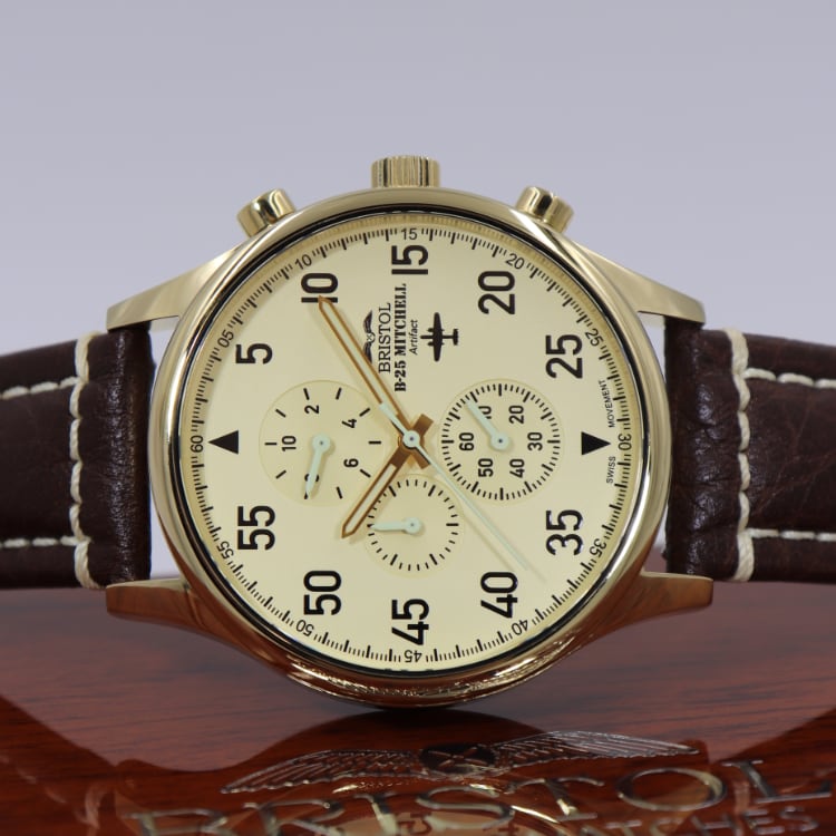 B-25 Mitchell Tribute - Gold Finish, Beige Dial, Brown Leather Band with Stitching by Bristol Aviator Watches
