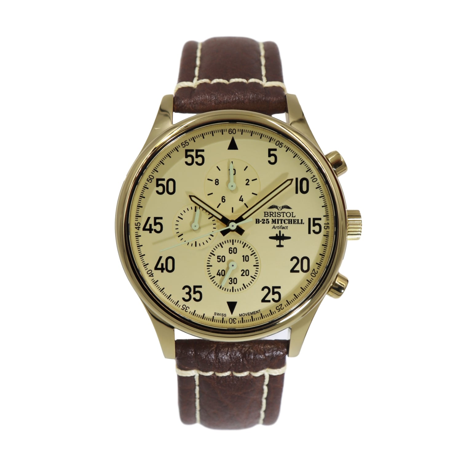 B-25 Mitchell Tribute - Gold Finish, Beige Dial, Brown Leather Band with Stitching by Bristol Aviator Watches