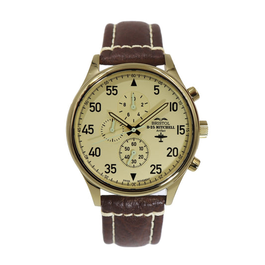B-25 Mitchell Tribute - Gold Finish, Beige Dial, Brown Leather Band with Stitching by Bristol Aviator Watches