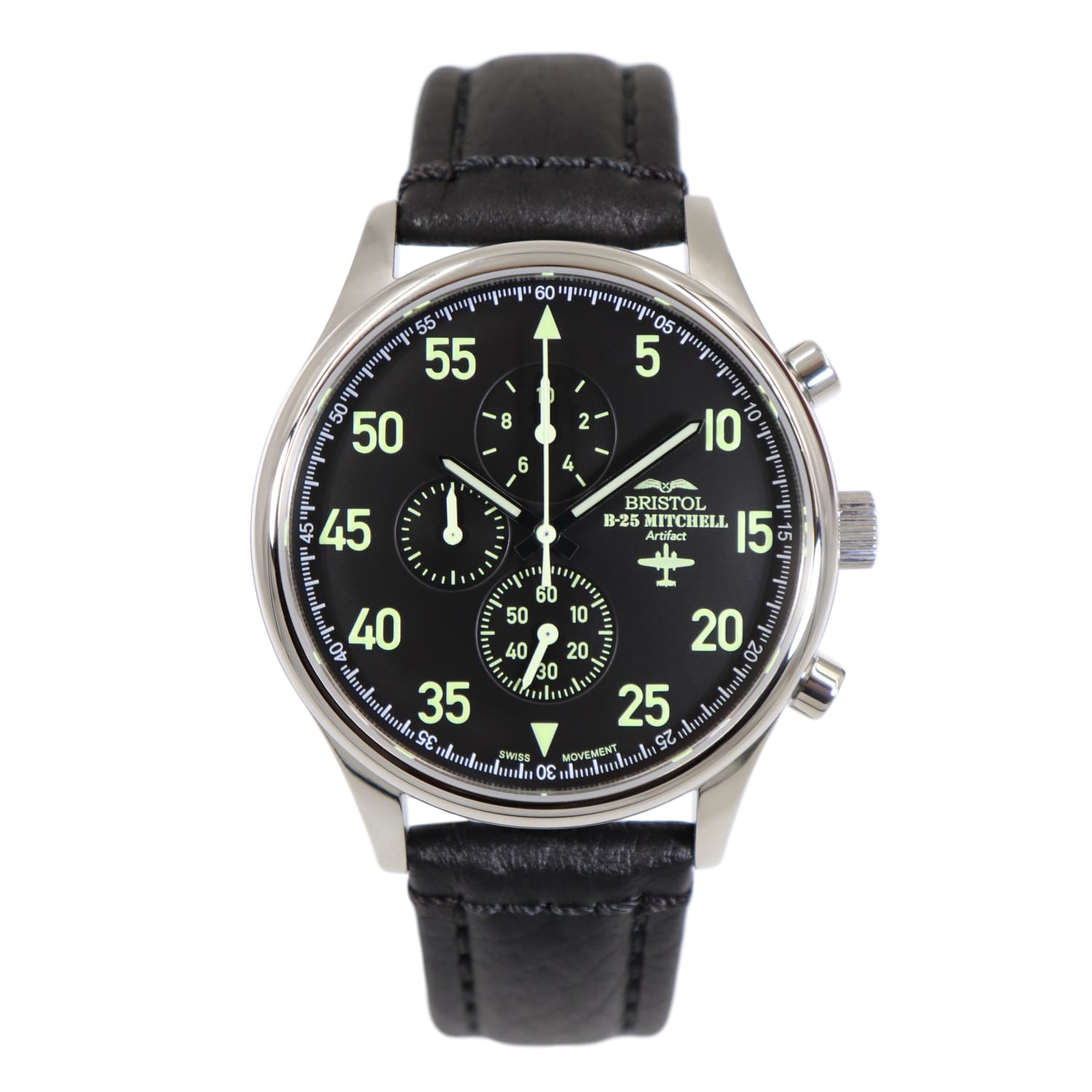 B-25 Mitchell Tribute - Stainless Steel, Polished Finish, Black Leather Band by Bristol Aviator Watches