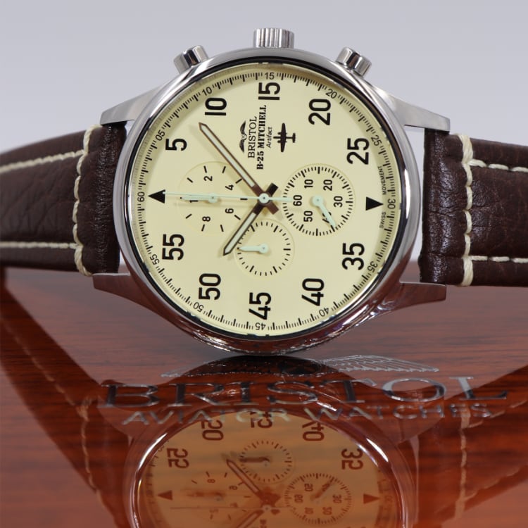 B-25 Mitchell Tribute - Stainless Steel, Polished Finish, Beige Dial, Brown Leather Band with Stitching by Bristol Aviator Watches