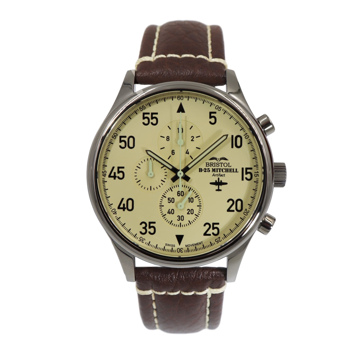 B-25 Mitchell Tribute - Stainless Steel, Polished Finish, Beige Dial, Brown Leather Band with Stitching by Bristol Aviator Watches