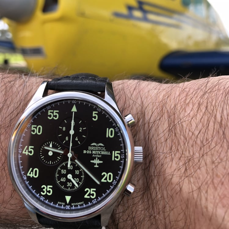 B-25 Mitchell Tribute - Stainless Steel, Polished Finish, Black Leather Band by Bristol Aviator Watches