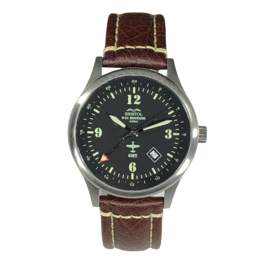 P-51 Mustang Tribute - Stainless Steel, Brush Finish, Brown Leather Band by Bristol Aviator Watches