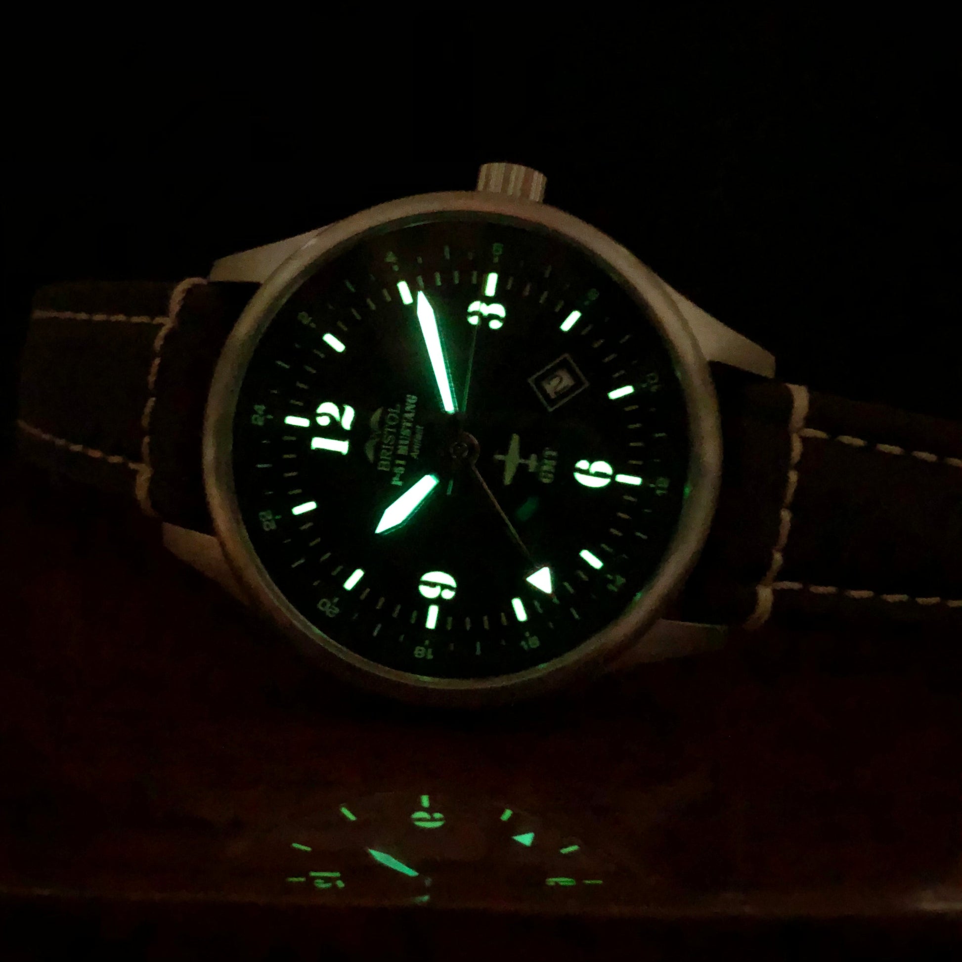 P-51 Mustang Tribute - Stainless Steel, Brush Finish, Brown Leather Band by Bristol Aviator Watches
