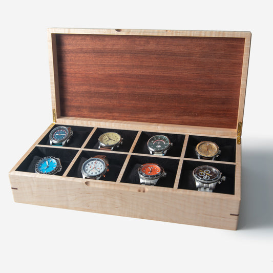 Watch Box - Curly Maple and Sapele Mahogany - 8 Watch Compartments by Red Ridge Woodworking