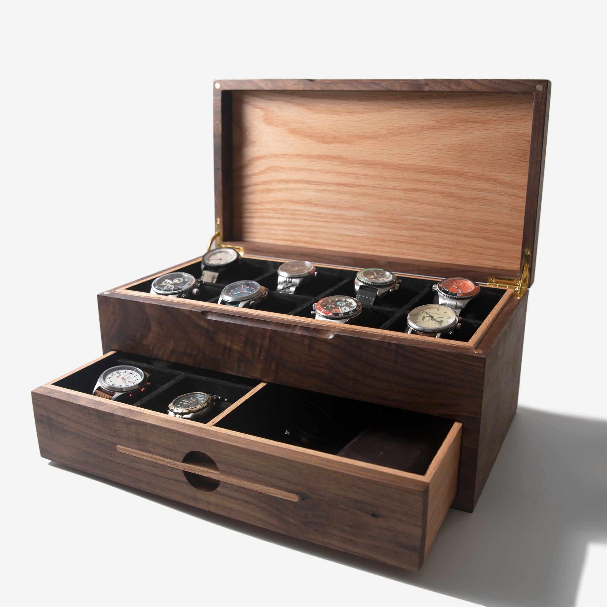 Watch Box with Drawer - Black Walnut and Oak - 12 to 16 Watch Compartments by Red Ridge Woodworking