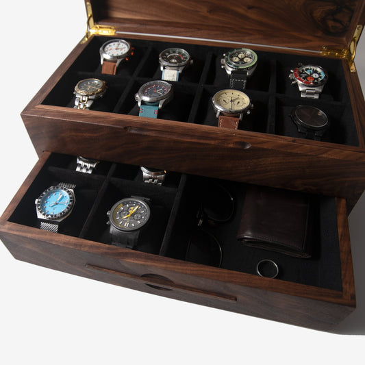 Watch Box With Drawer Black Walnut 12 To 16 Compartments - Veloce - The App For Watch Collectors