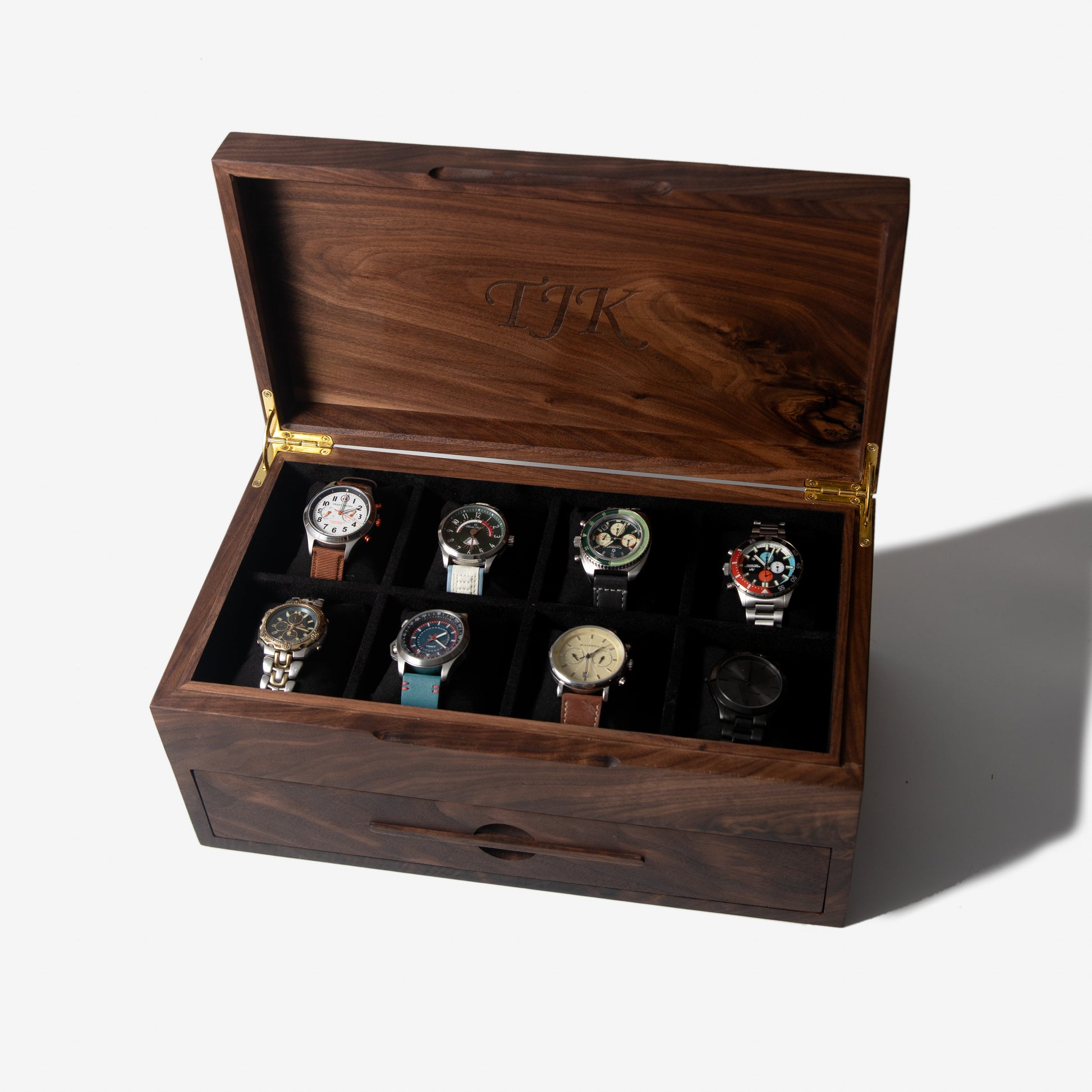 Watch Box with Drawer - Solid Black Walnut - 12 to 16 Watch Compartments by Red Ridge Woodworking