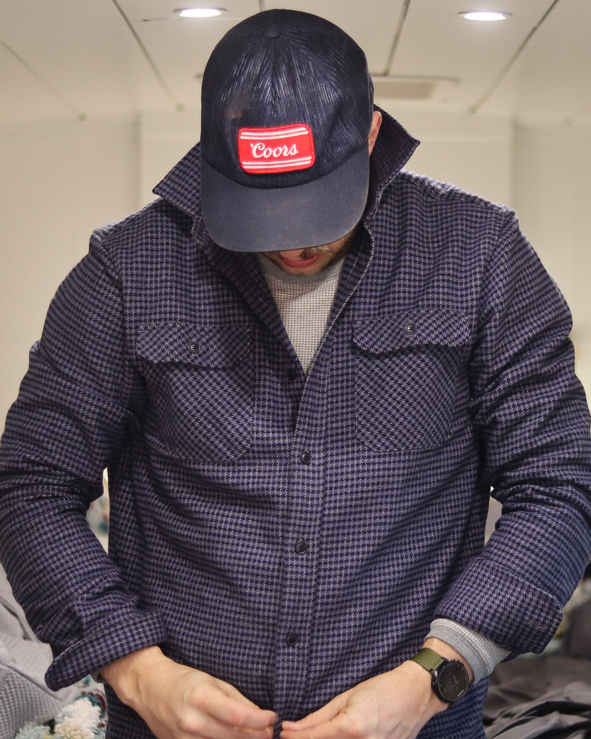 Grand Flannel Dark Blue Mini Check Heavyweight Cotton Shirt