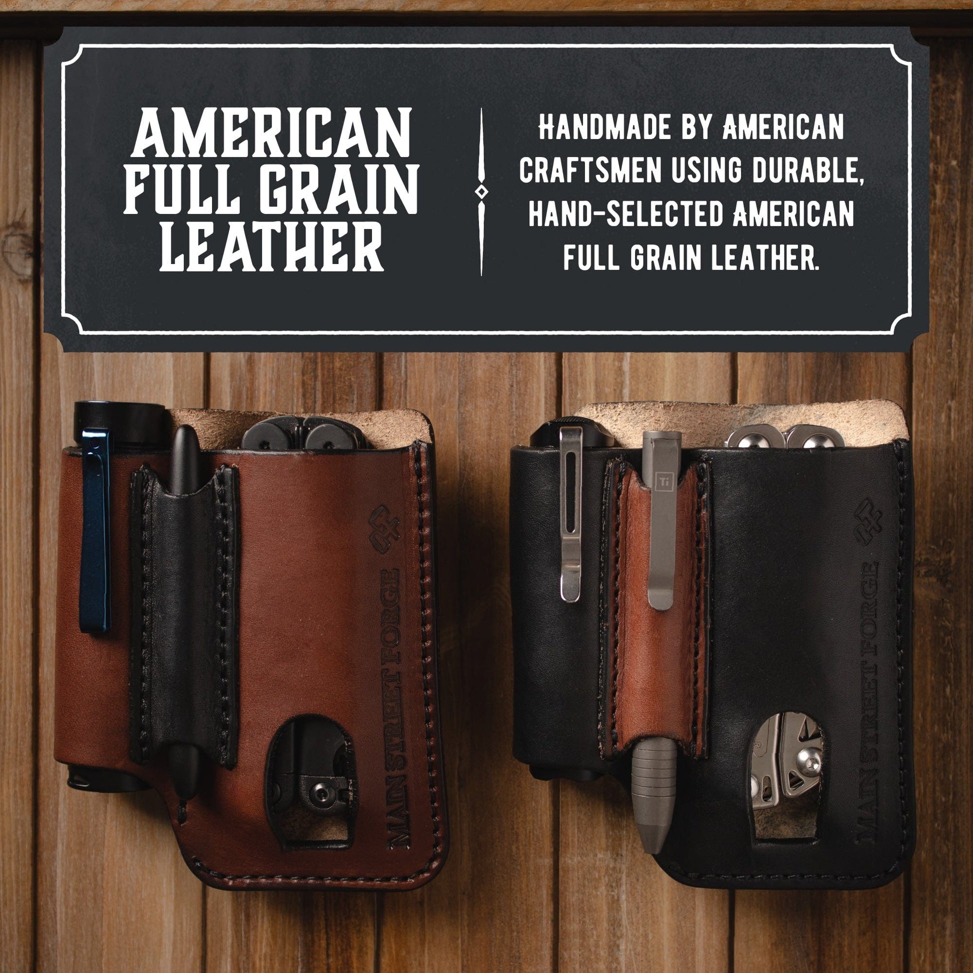 Leather EDC Pouch - Belt clip Multitool, Flashlight & Pen Sheath by Main Street Forge