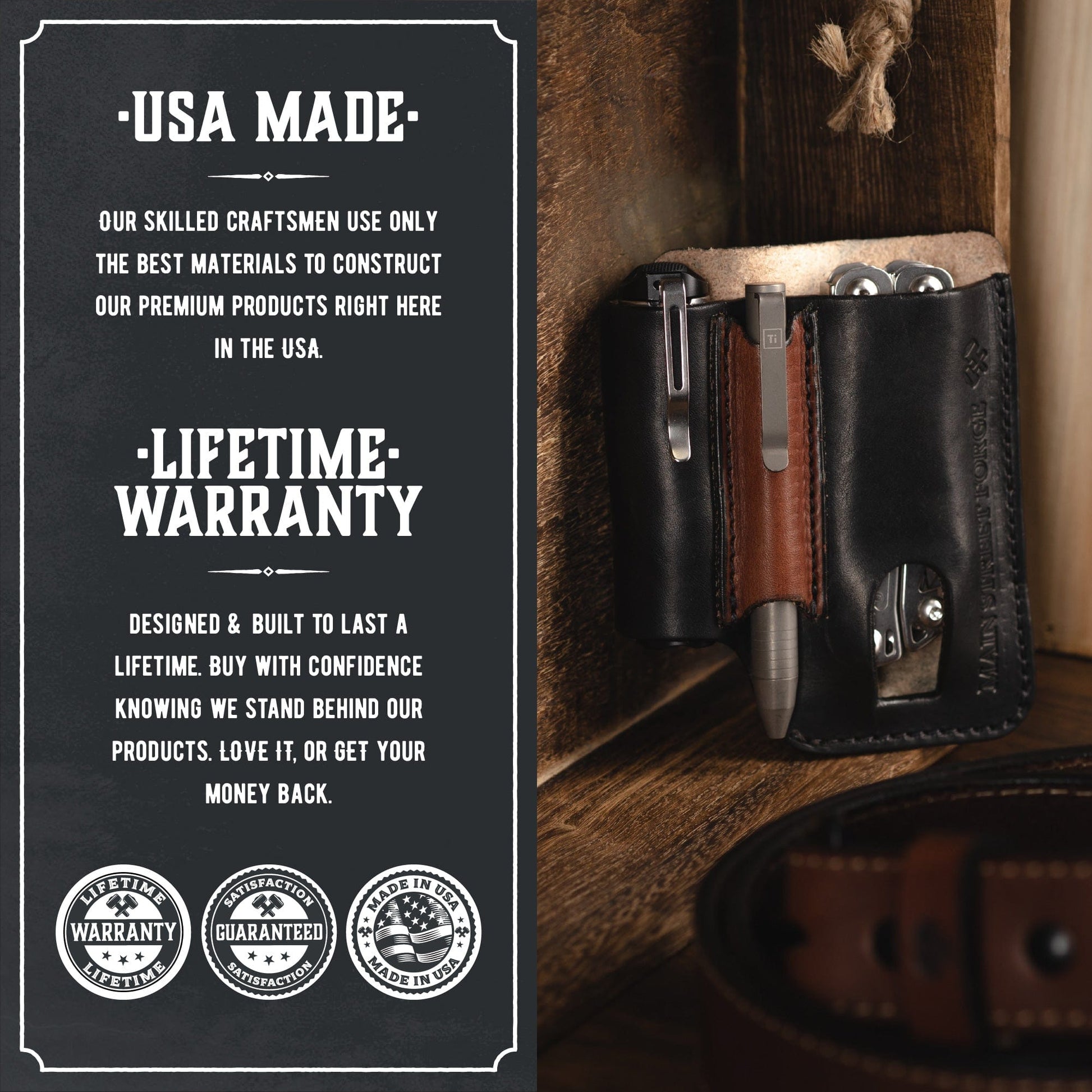 Leather EDC Pouch - Belt clip Multitool, Flashlight & Pen Sheath by Main Street Forge
