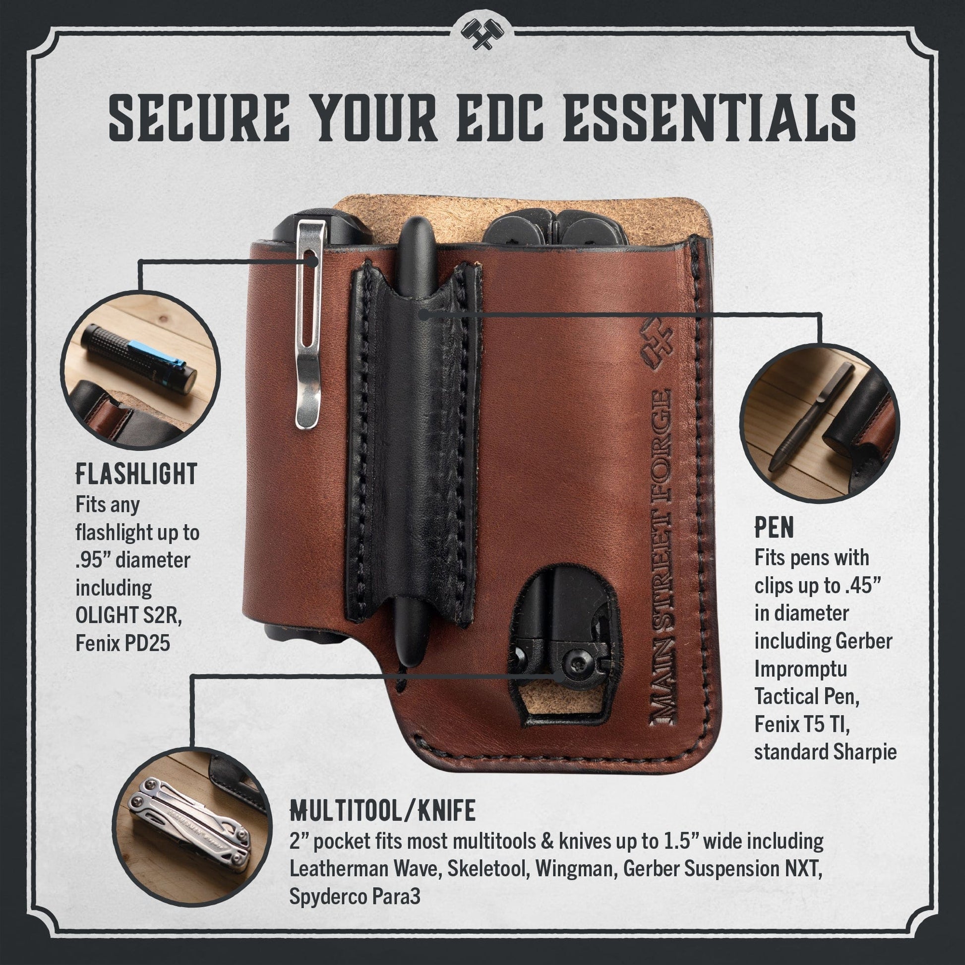 Leather EDC Pouch - Belt clip Multitool, Flashlight & Pen Sheath by Main Street Forge
