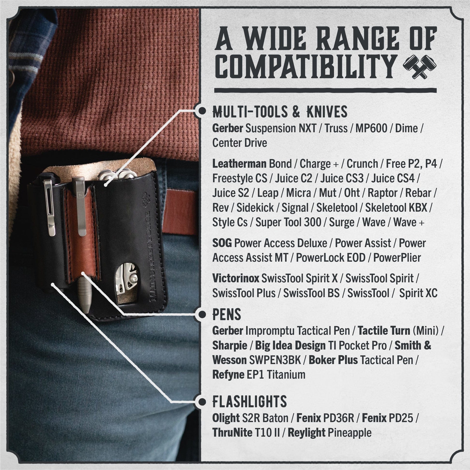 Leather EDC Pouch - Belt clip Multitool, Flashlight & Pen Sheath by Main Street Forge