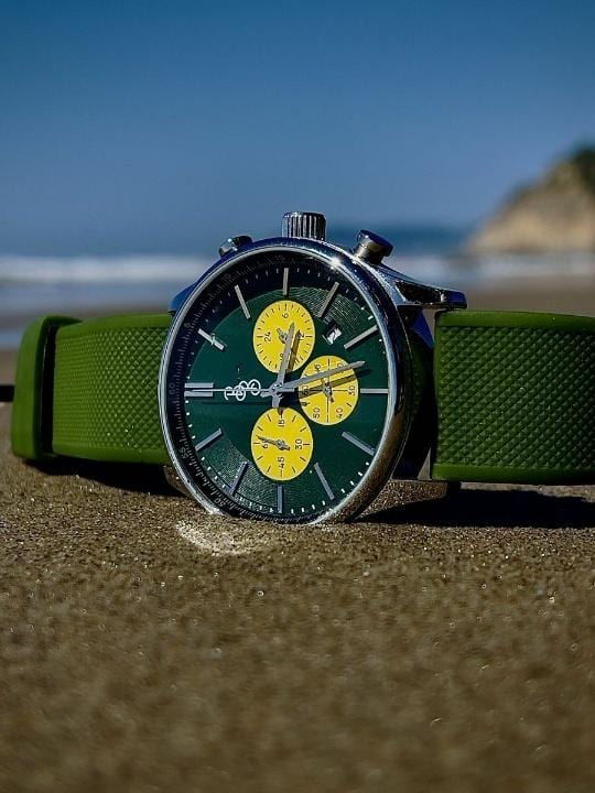 Green and Yellow Chronograph. The Beyond Boring Watch Co.