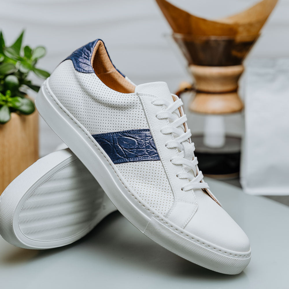 Olympias Navy Italian Calfskin Crocodile Stripe Shoes