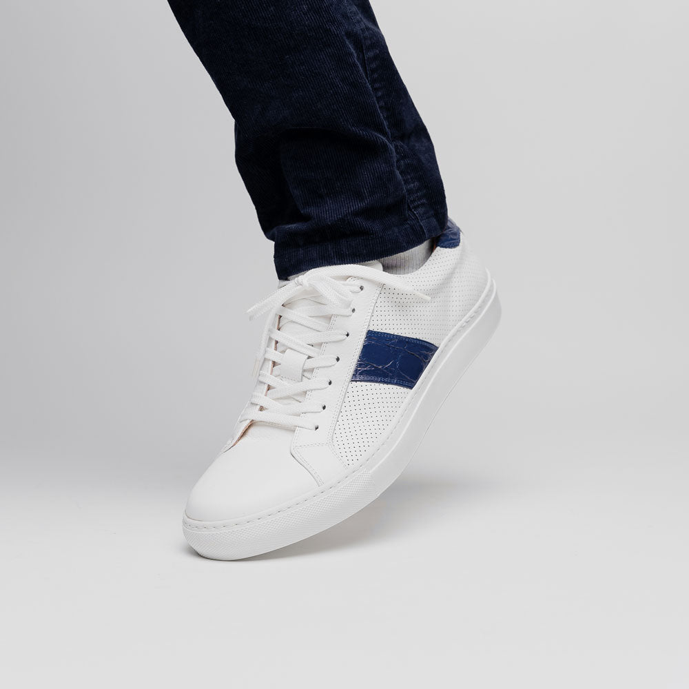 Olympias Navy Italian Calfskin Crocodile Stripe Shoes