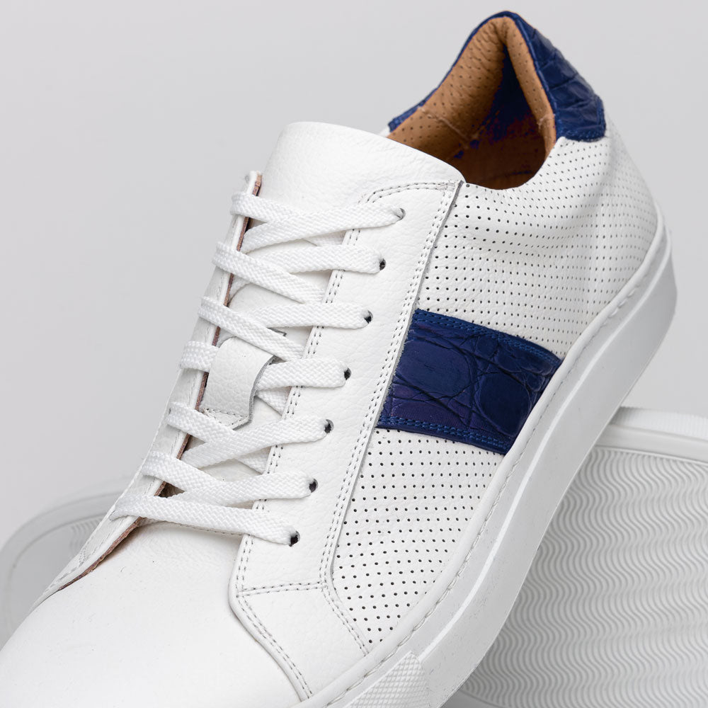 Olympias Navy Italian Calfskin Crocodile Stripe Shoes