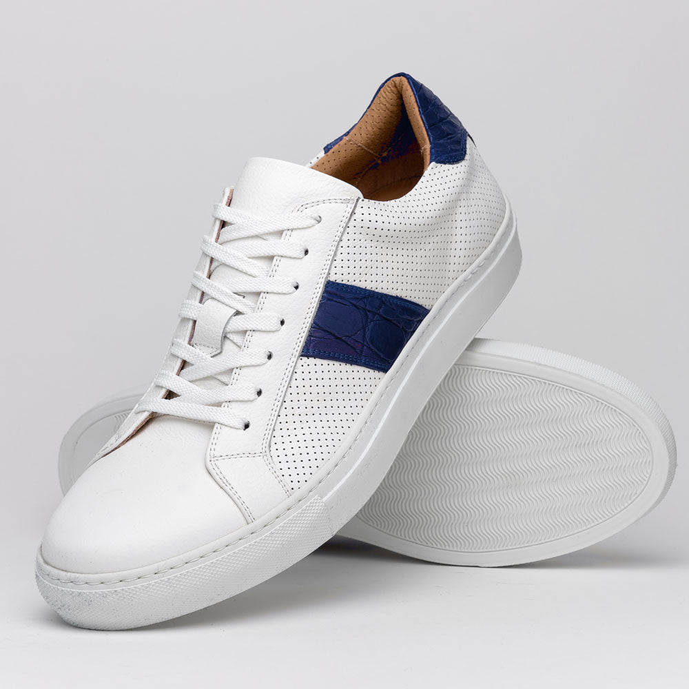 Olympias Navy Italian Calfskin Crocodile Stripe Shoes