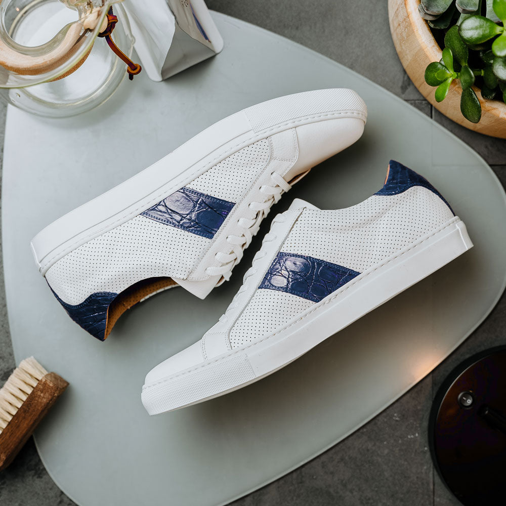 Olympias Navy Italian Calfskin Crocodile Stripe Shoes