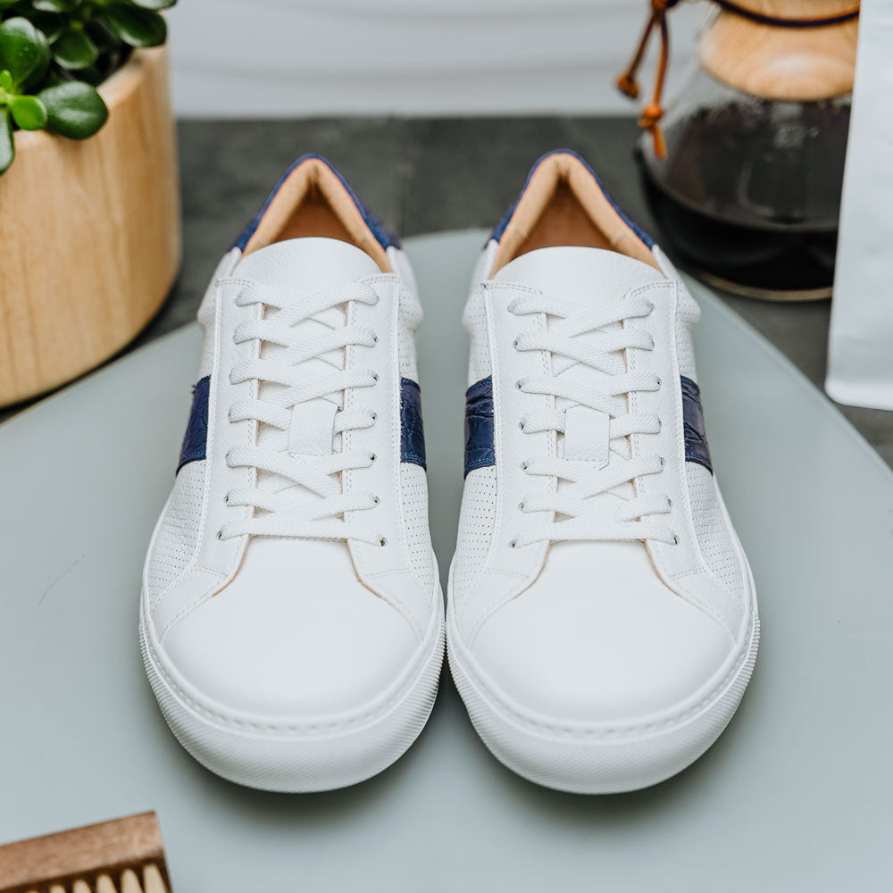Olympias Navy Italian Calfskin Crocodile Stripe Shoes