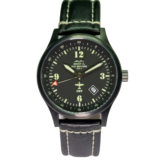 P-51 Mustang Tribute - Stainless Steel, Black Finish, Black Leather Band